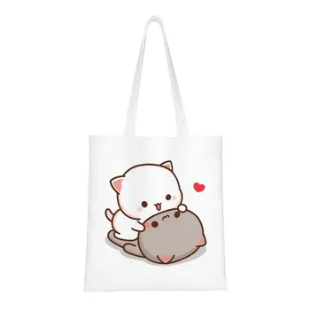 Обичай Peach And Goma Mochi Cat Love холщовая пазарска чанта, дамски чанти, за пазаруване от рециклиране