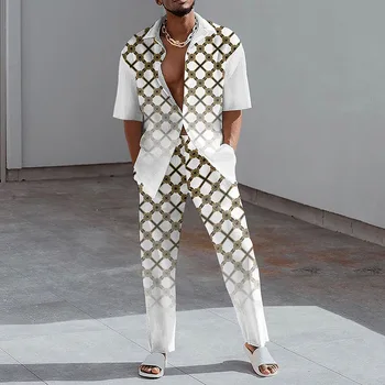 2023 Модерен комплект от две части с принтом, мъжка риза с къс ръкав копчета и прави панталони, костюми, мъжки лятна ежедневни облекла