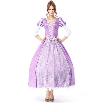Костюм принцеса Рапунцел за възрастни жени, необичайно Maxi-дълга лилава дантелено рокля, бална рокля с цветен модел, Кралски костюм за дами с кринолином
