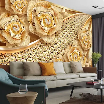 Луксозна златна голяма стенни картини, европейски 3D стерео бижута с диаманти и цветове, тапети за хол, спалня, самозалепващи се тапети по поръчка