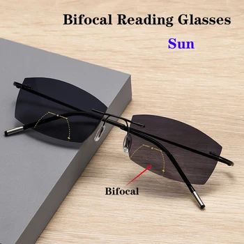 Ультралегкие Слънчеви Бифокални Очила за четене Без Рамки, Мъжки И Женски, Умни, със защита от ултравиолетови лъчи, на слънчеви Очила за Далекогледство, Анти-Синя Светлина 1,0-4,0