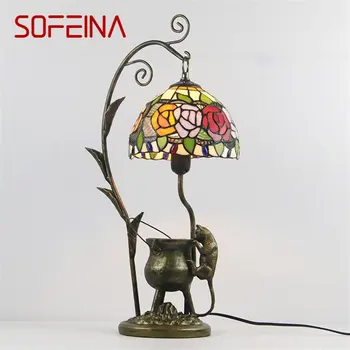 SOFEINA Тифани Стъклена настолна лампа LED Креативна нощна настолна лампа от смола с абажуром във формата на Цвете за Дома, Хол, Спалня