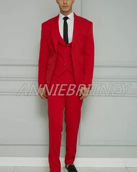 2021 Ново прием, сутрин костюм, сватбени костюми за мъже, костюми-тройки за кума (яке + панталон + елек), ушити по поръчка Червени костюми