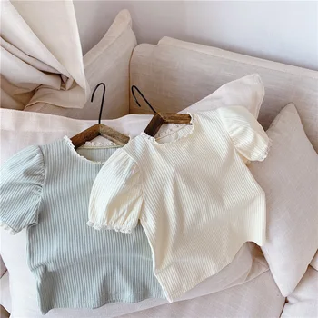 Тениски с къс ръкав за деца, дантелени блузи в рубчик за малки момичета, однотонная лятна детски дрехи с пищни ръкави риза