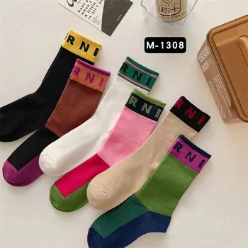 2023 Нови чорапи с цветни блокчета, спортни модни чорапи с принтом азбуката, от чист памук, удобни, меки, фини, дишащи, всеки ден