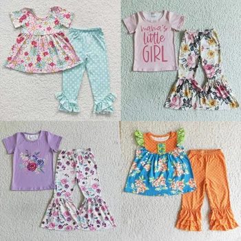 Търговия на едро с детски цветен комплект за малки момичета, детски панталони-клеш с цветен модел, с къс ръкав, детски пролет-есен гореща разпродажба на дрехи