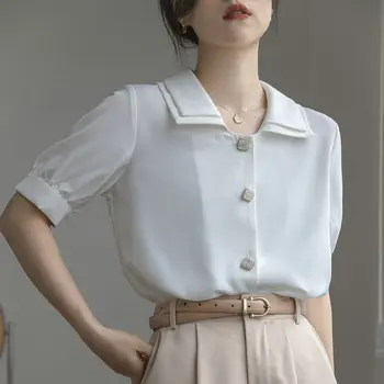 Дамски шифоновая бяла риза с къс ръкав, дамски годишната реколта офис свободна блуза, дишаща стръмен топ KL36