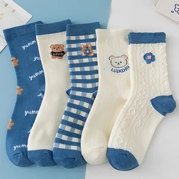 Чорапи в синя клетка с анимационни сладък мечок за жени, модни студентски памучни пролетно-летни чорапи, Kawai, японски корейски подаръци