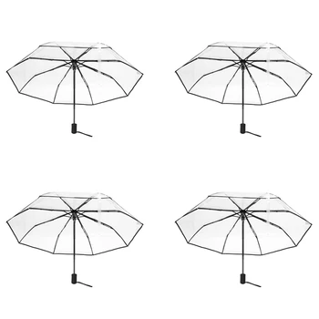4X Прозрачен чадър Автоматичен чадър женски мъжки от слънце и дъжд, автоматичен чадър Компактен чадър, прозрачен + черен кант