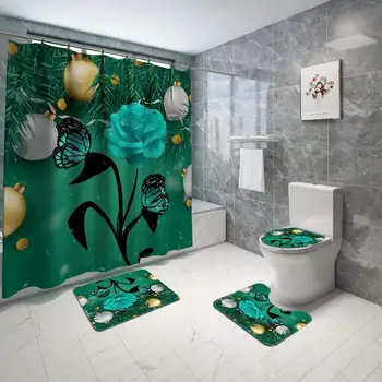 Коледен зелен мат с флорални принтом 180x180 cm, поставка за душ завеси, подложка за тоалетна, Нескользящий подложка за баня, комплект постелки за баня