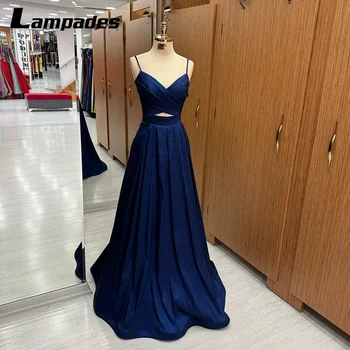 Елегантна тъмно синя рокля за бала трапецовидна форма, с деколте до талията и бретельками-спагети, много Елегантни вечерни рокли за сватба