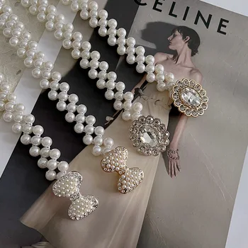 Дамски еластична поясная верижка с имитация на перли и диаманти, модерен колан-пола, рокля, Украса на дрехи