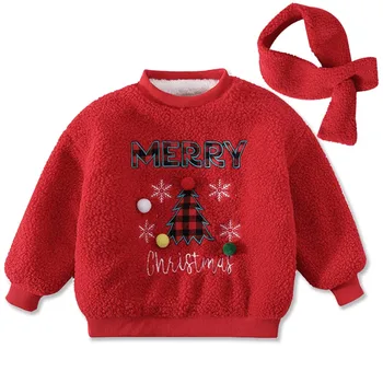 Детска руното hoody от 0 до 8 години, Коледни коледни топлите пуловери, блузи с кадифена подплата, зимни, есенни блузи, шал червен цвят