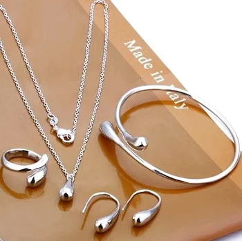 Изискан модерен комплект сребърни игла форма на обеци, пръстени и гривни S925, лесен женски бижута подарък под формата на капки вода от четири теми