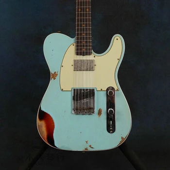 Мощите на електрически китари синьо ръчна изработка, 6 жал за китара, хастар от розово дърво