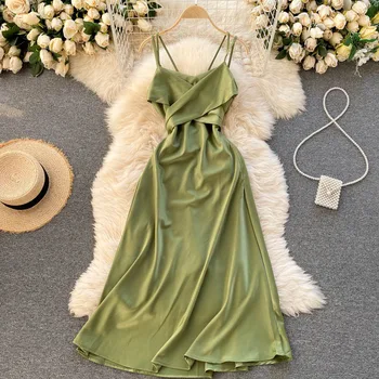 2023 Лятно Дамско атласное рокля-комбинация с отворен гръб на тънки спагети презрамки, Туника с лък, елегантна рокля midi за почивка и сексуална Партита
