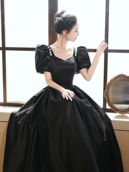 2023 Луксозна рокля на високо ниво, класически рокли принцеса трапецовидна форма, с пищни ръкави, дамски черни вечерни рокли банкетни