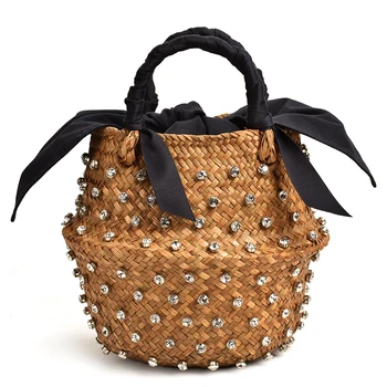 Сламена чанта ръчна изработка, украсени с лятна плажна чанта за почивка с перли, дамски плетени чанти-кофа с диамантени бижута, дизайнерски модни чанти