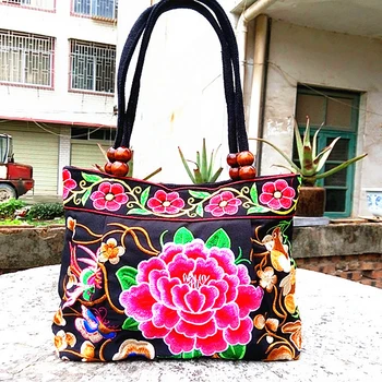 Дамски чанти, реколта чанта с бродерия, цвете етническа холщовая чанта, дървени мъниста, двупластова пътна чанта през рамо