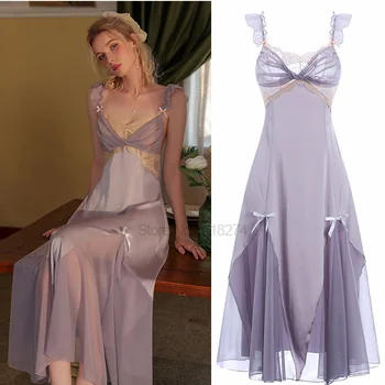 Виолетовият нощно рокля, бельо, Новост 2023, лейси сатен нощница, секси нощница с отворен гръб, дълбоко V-образно деколте, обещаваща нощно облекло