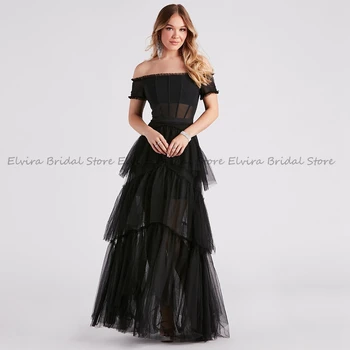 2023 Вечерни рокли от тюл черен на цвят, с илюзия за дамите трапецовидна форма с открити рамене, без презрамки, дължина до пода, вечерни дълги рокли за абитуриентски бал