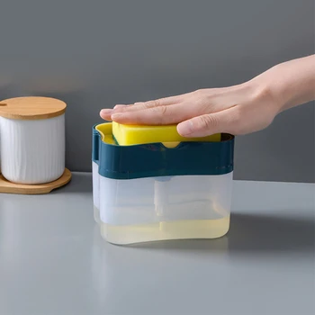 Опаковка течен сапун за миене на съдове 2в1, опаковка препарат за миене на съдове, Кутия за течен сапун Преса-тип на Помпата-органайзер с гъба, кухненски инструмент