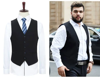 Нов мъжки костюм, жилетка, однобортный памук черна жилетка с V-образно деколте, ежедневни сватбена мъжко яке без ръкави