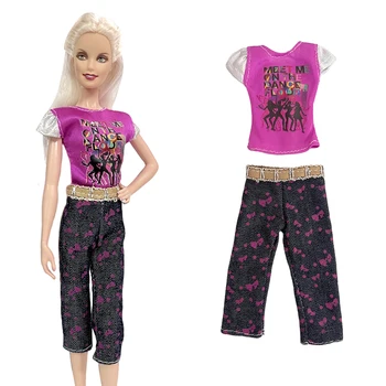 NK 1 бр., модерен украшение, лилава риза, риза с хубави шарени, дънкови панталони, Дрехи за Барби кукли, аксесоари, играчки за куклена къща за момичета
