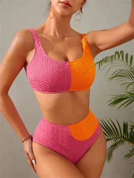Спортен бикини с контрастиращи тапицерия бански костюм с висока талия 2023, оранжево лоскутный бански повдигащ за жени, плажни дрехи за плуване, бански костюм
