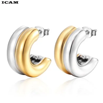 ICAM, не потускневшие бижута от неръждаема стомана с покритие от 18 карата, два цвята обеци-пръстени във формата на буквата С, за жени