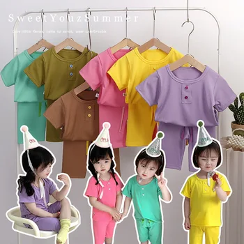 Лятна пижама за момиченца топ с къс ръкав и къси панталони, детски пижами, корейската мека облекло за сън, комплект дрехи за малките момичета