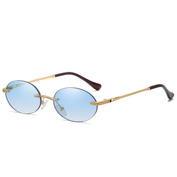 Модни Овални слънчеви очила малки нюанси без рамки, луксозни маркови дизайнерски дамски Мъжки метални сини слънчеви очила с високо качество UV400