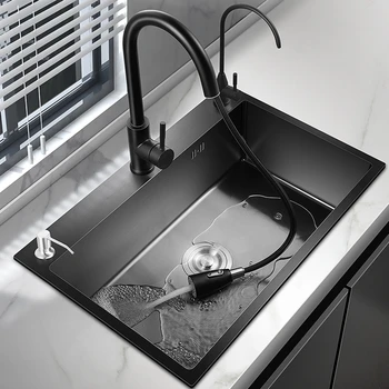 Черни Кухненски мивки Nano, мивка с един слот, дебели мивка от неръждаема стомана, набор от кухненски аксесоари за плотове