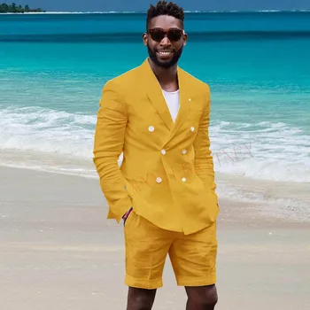 2023 Двубортный мъжки костюм от златен лен, с Къси панталони, летни деления сватбени плажни костюми за мъже, оборудвана Смокинг на Младоженеца, яке и Панталони