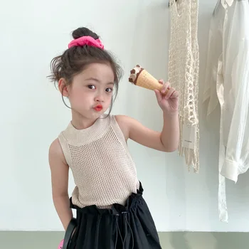 Детски дрехи, детски топ тениска без ръкави за момичета 2023, пролет и лято, нови корейски стилове, ежедневни проста однотонная дрехи за момичета