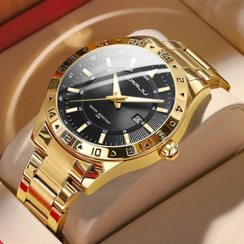 CRRJU мъжки часовник от неръждаема стомана-високо качество и Луксозна бутон Скрита закопчалка Водоустойчив светещи Дата на Седмица Спортни ръчни часовници